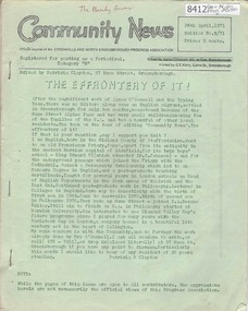 Newsletter, Greenhills and North Greensborough Progress Association, Community News: official journal of the Greenhills and North Greensborough Progress Association. 26th April, 1971. Edition No. 2/71, 26/04/1971