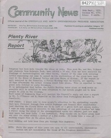 Newsletter, Greenhills and North Greensborough Progress Association, Community News: official journal of the Greenhills and North Greensborough Progress Association. 30th Sept.,1972. Edition No. 7/72, 30/09/1972