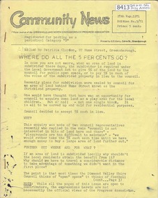 Newsletter, Greenhills and North Greensborough Progress Association, Community News: official journal of the Greenhills and North Greensborough Progress Association. 27th May, 1971. Edition no. 3/71, 27/05/1971