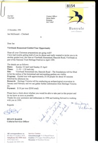 Letter - Correspondence, Banyule City Council, Viewbank Homestead Guided Tour Opportunity, 1998, 15/12/1998