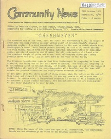 Newsletter, Greenhills and North Greensborough Progress Association, Community News: official journal of the Greenhills and North Greensborough Progress Association. 25th October, 1971. Edition No. 8/71, 25/10/1971