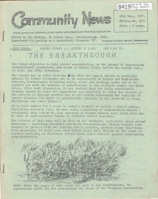 Newsletter, Greenhills and North Greensborough Progress Association, Community News: official journal of the Greenhills and North Greensborough Progress Association. 26th Nov., 1971. Edition No. 9/71, 26/10/1971