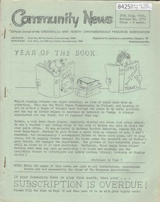 Newsletter, Greenhills and North Greensborough Progress Association, Community News: official journal of the Greenhills and North Greensborough Progress Association. 27th July, 1972. Edition No. 5/72, 27/07/1972