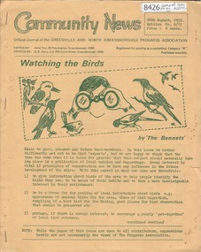 Newsletter, Greenhills and North Greensborough Progress Association, Community News: official journal of the Greenhills and North Greensborough Progress Association.28th August 1972. Edition No. 6/72, 28/08/1972