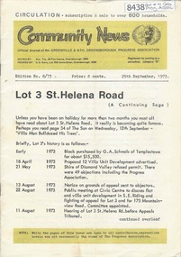 Newsletter, Greenhills and North Greensborough Progress Association, Community News: official journal of the Greenhills and Nth. Greensborough Progress Association. 29th September 1973. Edition No. 8/73, 29/09/1973