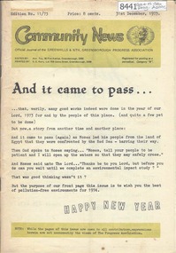 Newsletter, Greenhills and North Greensborough Progress Association, Community News: official journal of the Greenhills and Nth. Greensborough Progress Association. 31st December 1973. Edition No. 11/73, 31/12/1973