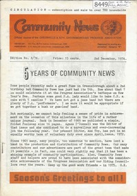 Newsletter, Greenhills and North Greensborough Progress Association, Community News: official journal of the Greenhills and Nth. Greensborough Progress Association.2nd December, 1974. Edition No. 8/74, 01/12/1974