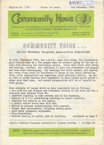 Newsletter, Greenhills and North Greensborough Progress Association, Community News: official journal of the Greenhills and Nth. Greensborough Progress Association and the Apollo Parkways Progress Association. 9th February, 1976. Edition No. 1/76, 09/02/1976