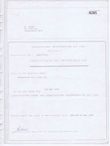 Administrative record - Constitution, Thomastown Golf Club et al, Thomastown Golf Club. Certificate of Incorporation 1993, 1993