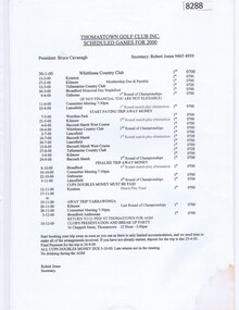 Administrative record - Schedule, Thomastown Golf Club, Thomastown Golf Club. Schedule for 2000, 2000