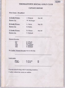 Administrative record - Reports, Thomastown Golf Club, Thomastown Golf Club. Captains' reports