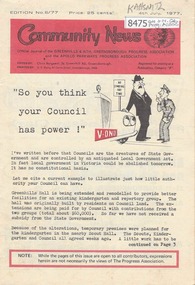 Newsletter, Greenhills and North Greensborough Progress Association, Community News: official journal of the Greenhills and Nth. Greensborough Progress Association and the Apollo Parkways Progress Association. 4th July, 1977. Edition No. 6/77, 04/07/1977