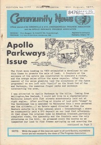 Newsletter, Greenhills and North Greensborough Progress Association, Community News: official journal of the Greenhills and Nth. Greensborough Progress Association and the Apollo Parkways Progress Association. 18th August, 1977. Edition No. 7/77, 18/08/1977