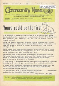 Newsletter, Greenhills and North Greensborough Progress Association, Community News: official journal of the Greenhills and Nth. Greensborough Progress Association and the Apollo Parkways Progress Association. 12th September, 1977. Edition No. 8/77, 12/09/1977