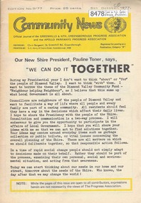 Newsletter, Greenhills and North Greensborough Progress Association, Community News: official journal of the Greenhills and Nth. Greensborough Progress Association and the Apollo Parkways Progress Association. 5th October, 1977. Edition No. 9/77, 05/10/1977