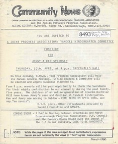 Newsletter, Greenhills and North Greensborough Progress Association, Community News: official journal of the Greenhills and Nth. Greensborough Progress Association and the Apollo Parkways Progress Association. March 1980, 3/1980