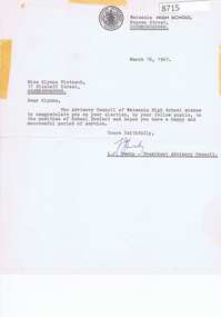 Letter - Correspondence - Letter, Watsonia High School, L.J.Swaby to Glynne Pietzsch 03/10/1967 [WaHIGH], 1967_