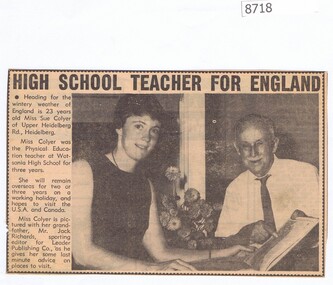 Article - Newspaper Clipping, Diamond Valley News, High school teacher for England [WaHIGH], 1967c