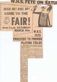 Article - Newspaper Clipping, Diamond Valley News, W.H.S. fete proceeds to provide playing fields [WaHIGH], 19/03/1966