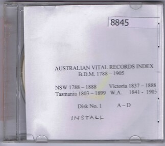 Compact disc, Australian Vital records Index; B.D.M. 1788-1905, 1788-1905