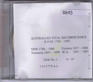 Administrative record - Compact disc, Australian Vital records Index; B.D.M. 1788-1905
