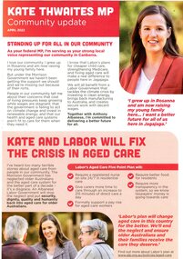 Flyer - Leafllet, Kate Thwaites, Community update from Kate Thwaites, Federal Member for Jagajaga, April 2022, 2022 on