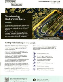 Pamphlet - Newsletter, Victorian Government, Transforming road and rail travel: Victoria's big build; North and North East edition. Issue 01/2021, 2021