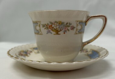 Domestic object - Cup and saucer, Johnson Brothers, Johnson Brothers Old English 'Belvedere' Cup and Saucer, 1949c