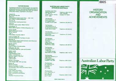 Pamphlet, Austalian Labor Party, Australian Labor Party: History Organization and Achievements
