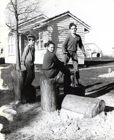 Photograph, Janefield Special School: 3 students in playground 1972, 1972