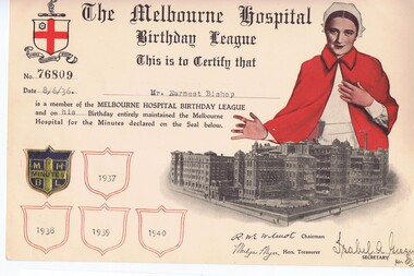 Certificate, Melbourne Hospital, The Melbourne Hospital birthday league, 08/06/1936