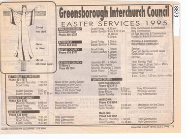 Newspaper - Newspaper Clipping, Diamond Valley News, Easter Church services 1995 and 1996, 1995-1996