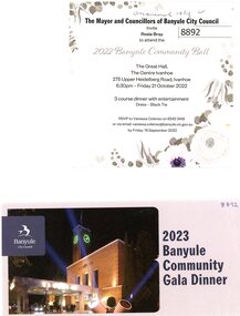 Memorabilia - Invitation, Banyule City Council, Banyule Community Dinner 2022 and Gala Dinner 2023, 2022-2023