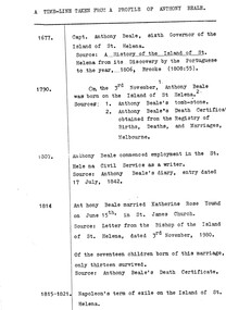 Article - Genealogical document, Robyn M. Marsh, A timeline taken from a profile of Anthony Beale, 01/02/1981