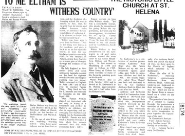 Article - Newspaper Clipping, Diamond Valley News, 'To me Eltham is Withers country', and, Church at St Helena, 1990s