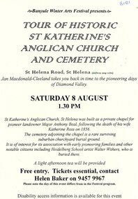 Flyer - Flyer and notes, Tour of historic St Katherine's Anglican Church and cemetery, 1990s