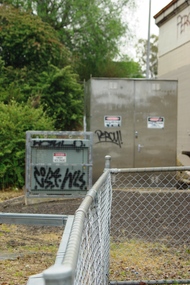 Photograph - Photograph - Digital Image, Marilyn Smith, Poulter Avenue power station, architectural features - Greensborough Railway Station 2021, 2021_02
