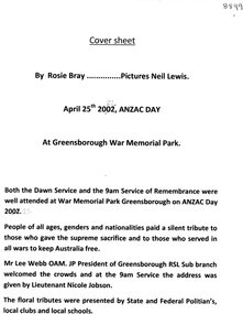 Article - Article and Booklet, Rosie Bray et al, Anzac Day Memorial Service, 25th April 2022, 25/04/2022