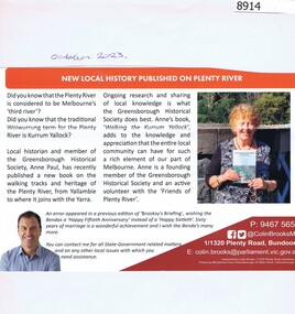 Article - Newsletter Clipping, Colin Brooks, New Local History published on Plenty River, 2023