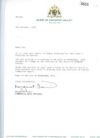 Document - Correspondence and Minutes, Diamond Valley Choral Society, Shire of Diamond Valley Festival of Carols, performed by Diamond Valley Choral Society 1989, 10/12/1989