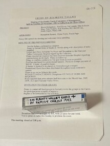 Mixed media - Audio Cassette and Minutes, Diamond Valley Choral Society, Shire of Diamond Valley Festival of Carols, performed by Diamond Valley Choral Society 1992, 06/12/1992