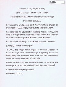 Booklet - Article and Booklet, Gabrielle Walsh Funerals, Gabrielle Mary Knight: requiem mass, December 2023, 08/12/2023