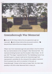 Article - Article and Photograph, Yarra Plenty Regional Library, The Fallen Soldiers' Memorial: Greensborough War Memorial Park, 20/01/2013