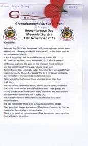 Booklet - Article and Booklet, Greensborough RSL Sub-branch et al, Greensborough RSL Sub-Branch, Remembrance Day Memorial Service 11/11/2023, 11/11/2023