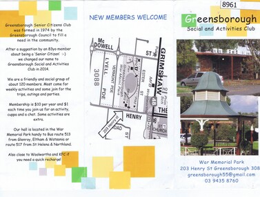 Pamphlet, Greensborough Social and Activities Club, Greensborough Social And Activities Club, War Memorial Park, 2014