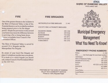 Pamphlet, Municipal Emergency Management: what you need to know: Shire of Diamond Valley, 1990c