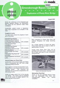 Newsletter, Vic Roads, Vic Roads , Greensborough Bypass Upgrade - Duplication of Plenty River Bridge, August 2005