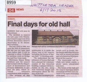 Article - Newspaper Clipping, Final days for old hall Doreen, 06/01/2015