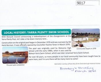 Article - Article, Newsletter, Local History: Yarra Plenty Swim School, 03/2021