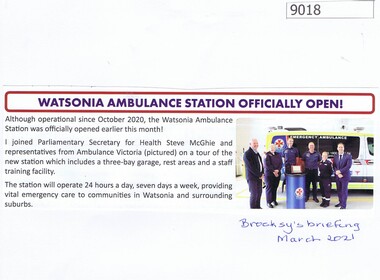 Article - Article, Newsletter, Watsonia ambulance station officially open, March 2021